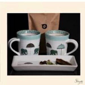 New Set of 2 Elephant Design Mugs - Green and White - Good Earth